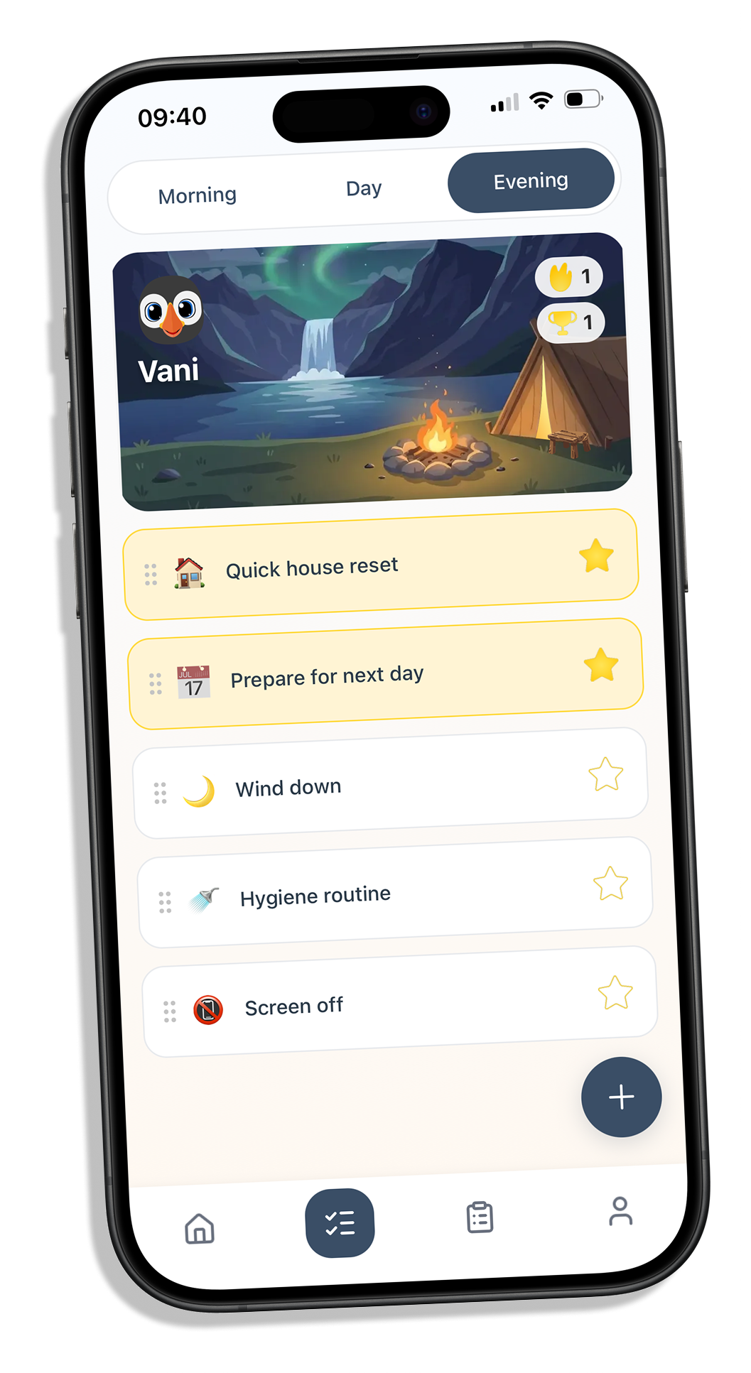 VANI home screen showing a daily routine with task cards